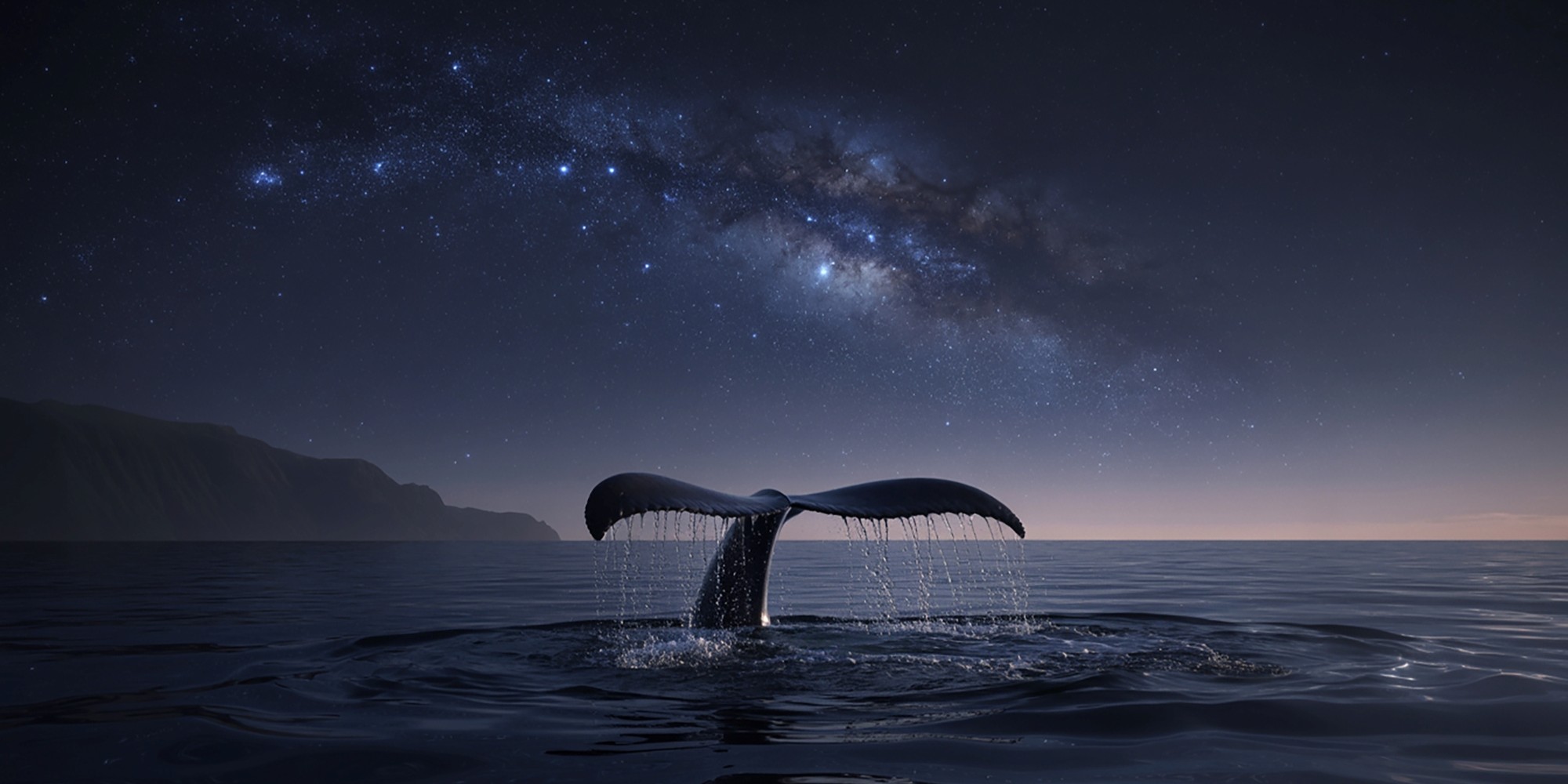 Whale tail emerging from the ocean beneath a star-filled night sky.
